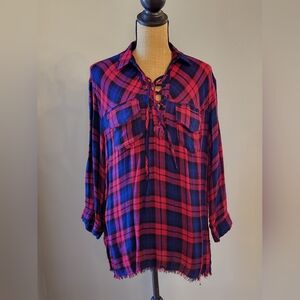 Umgee Flannel Plaid Blouse Pullover Tie Front Medium